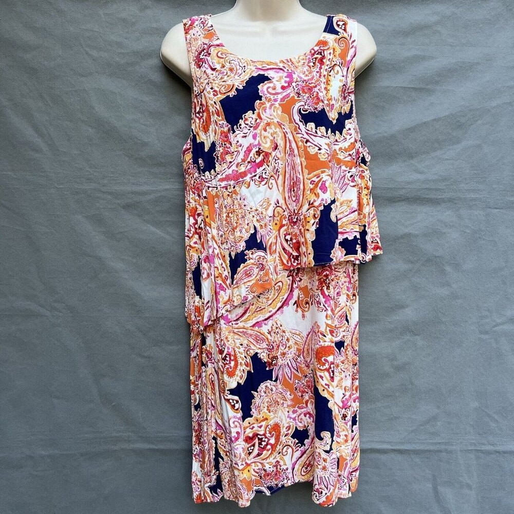 J. Jill Size Large Orange Blue Overlay Dress Paisley Sleeveless Vibrant Beachy